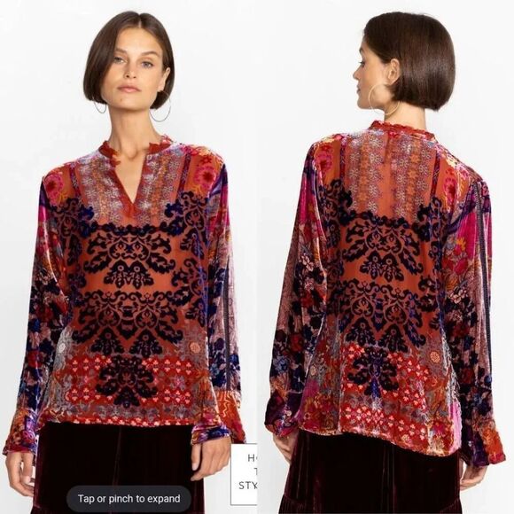 JOHNNY WAS SYRIAH BURNOUT ENTA BLOUSE M  $295 - Picture 1 of 12